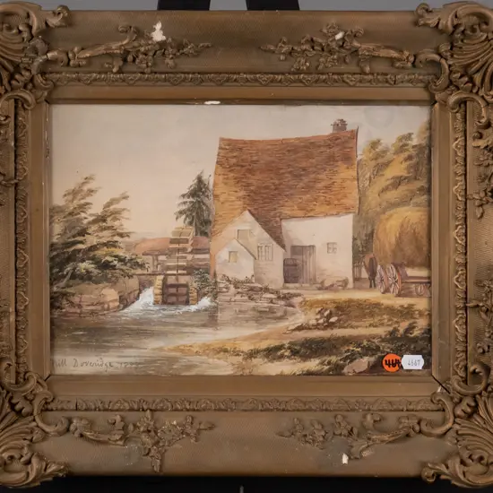 framed watercolour - mill and river scene H-220 W-300 (frame needs attention)