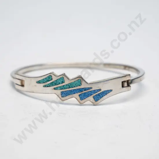 silver bangle with blue & green stripes stamped ? Mexico