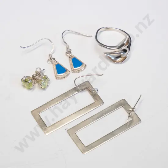 3 pairs of earrings all stamped 925 & silver ring stamped 925