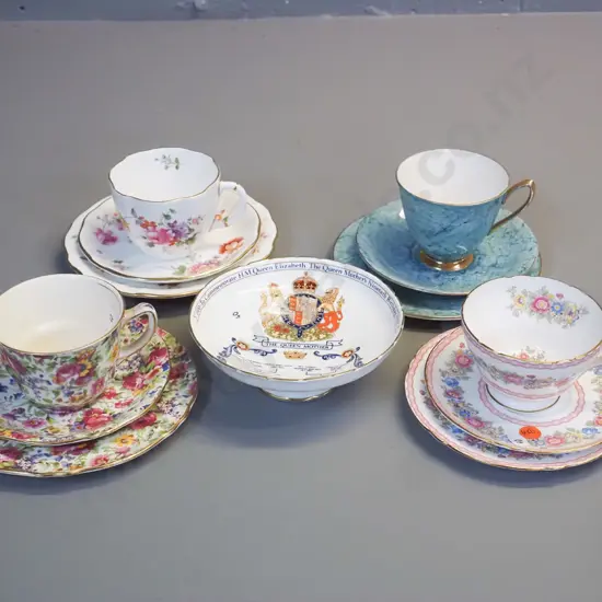 4 English trios - Shelley, AOF Royal Winton, Royal Albert, Royal Crown Derby - and 1990 Aynsley Queen Mother's 90th