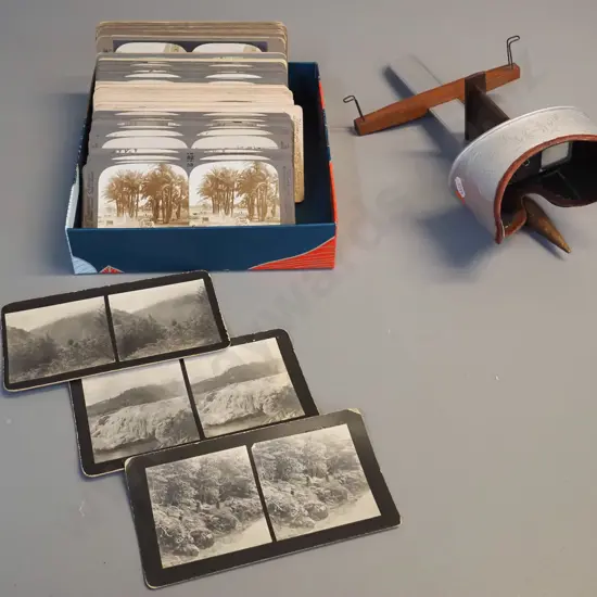 vintage stereoscope with assorted stereo cards - Buller River New Zealand and various international subjects