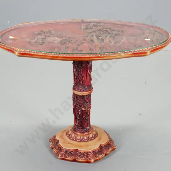 moulded composite oriental style oval pedestal occasional table with glass top H-480 L-670 W-380