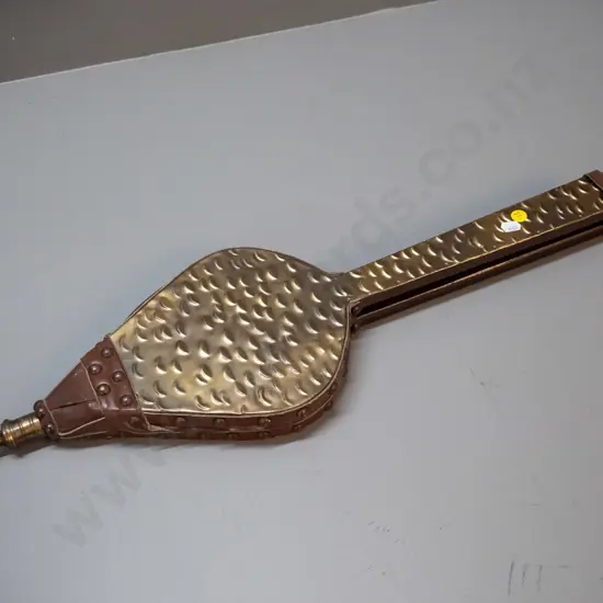 pair of vintage long-handled beaten brass, timber and leather bellows L-630