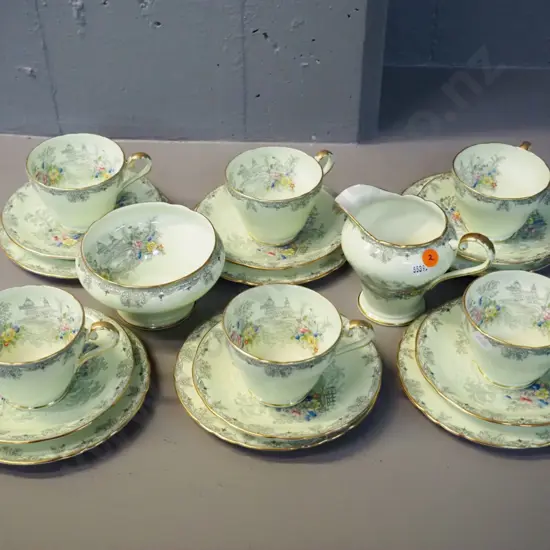 Aynsley 20-piece tea set - 6 trios, cream & sugar. Hairline crack to one cup.