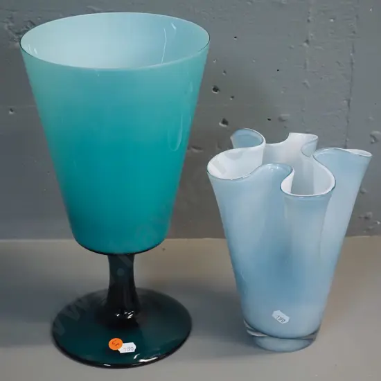 2 art glass vases - pale blue white lined and a large teal and white goblet H-310 D-170