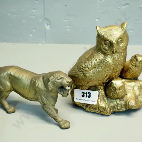 2 brass animal figures - owl with 2 owlets H-180 and a tiger L-240