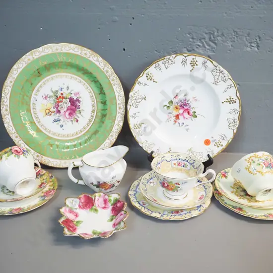 assorted English china items - 3 trios including 2 Paragon, 1 Royal Albert, a Crown Derby cabinet plate & posies jug,