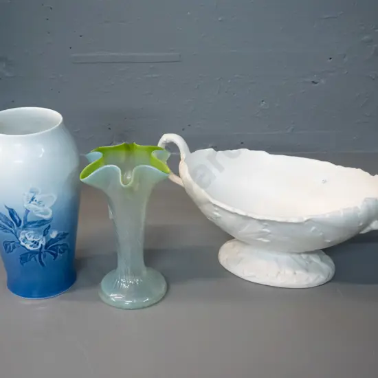 3 vases - Bing & Grondahl floral pattern H220, vintage frilled lustre green and white and and a Wedgwood handled boat