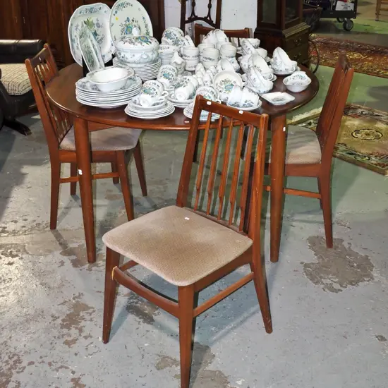 mid-century teak circular dining table with 4 matching upholstered chairs - some scratching and tarnishing