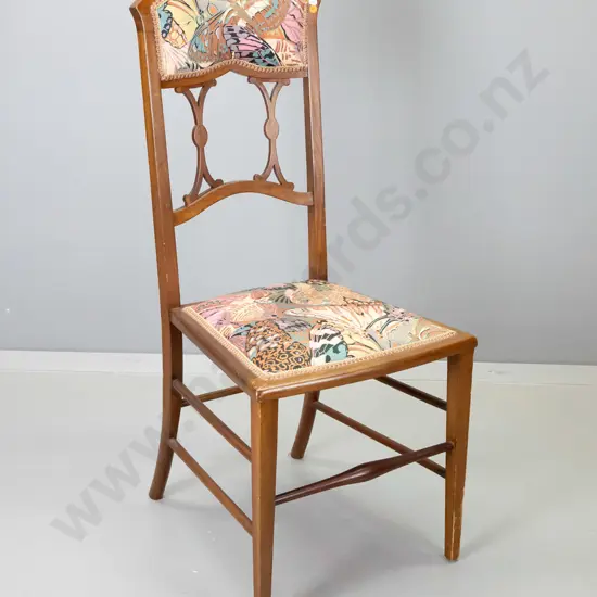 Victorian mahogany bedroom or hall chair with fretted detail on back, butterfly pattern cotton sateen fabric H1010 W430