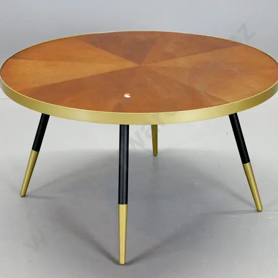 mid-century round coffee table with sunburst veneer top,  metal banded edge and metal legs H-450 D-810