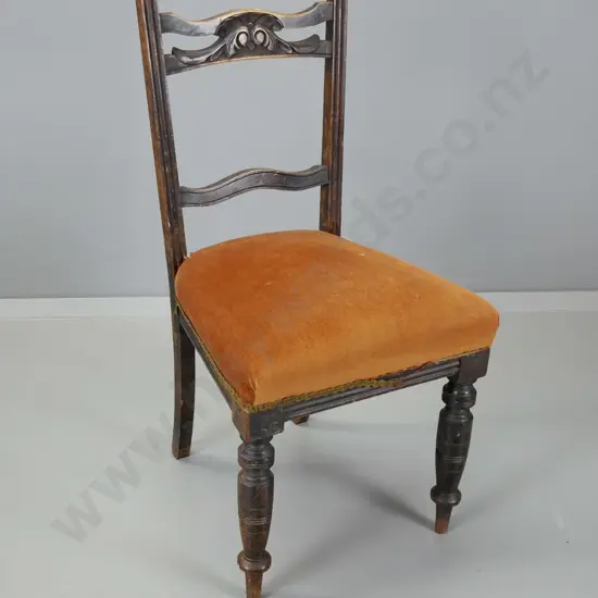 Edwardian dining chair with carved back rail, velvet upholstered seat - some loose trim H-890 W-440 D-440