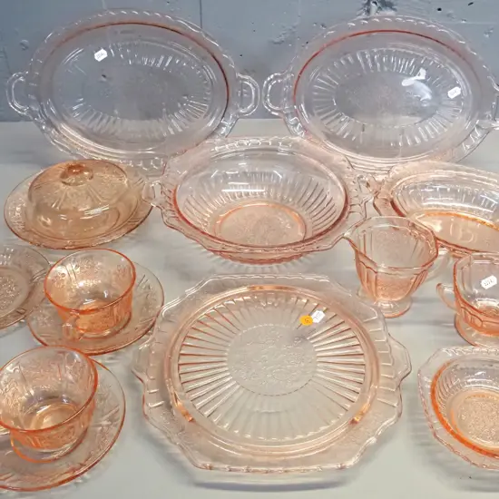 12 pieces of moulded pink  rose pattern depression glass -  serving bowl is D-250, larger plate is L-350