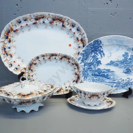 Victorian S. & Co. Brookland pattern china - large and small ashetts, lidded vege, sauce boat & saucer - and a blue &