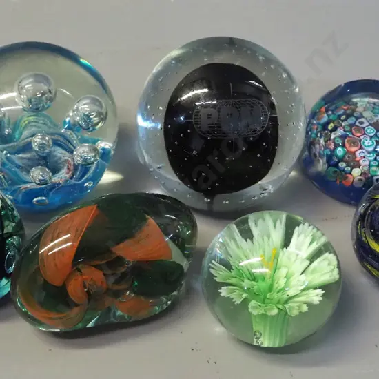 7 art glass paperweights, largest H- 70