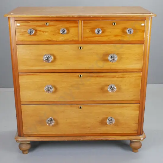 vintage kauri 5-drawer Scotch chest with ball feet, replacement glass knobs, brass escutcheons, no key, polish needs