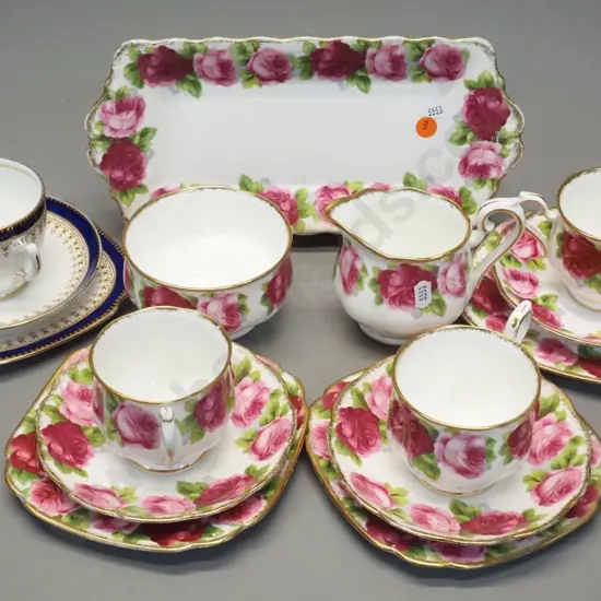 Royal Albert Old English Rose teaware - 3 trios, cream & sugar, sandwich plate, and another Royal Albert trio