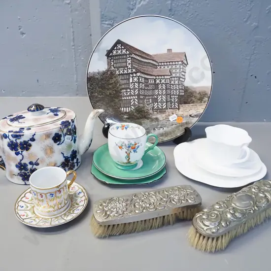 2 Shelley trios, a Victorian flow blue teapot, Royal Doulton Tudor mansion plate D-270, 2 clothes brushes, Crown coffee