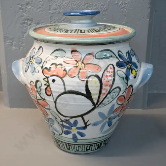 large hand painted floral & rooster pattern pottery lidded handled large jar - manufacturing flaw on base H-370 D-350