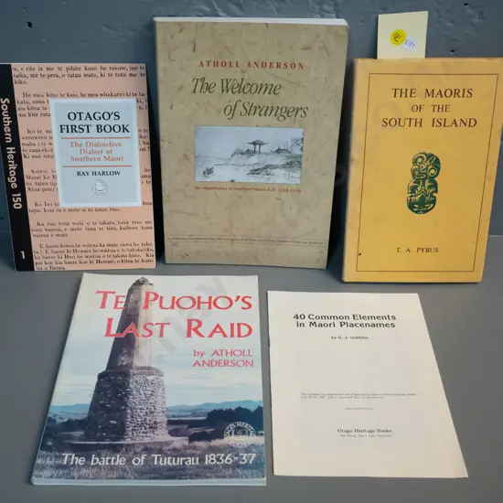 5 publications on South Island Maori topics: Te Puoho's Last Stand, Otago's First Book, Atholl Anderson, TA Pybus etc.