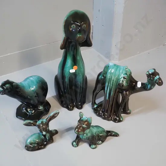 5 Blue Mountain Pottery animal figures - fawn, camel, polar bear, small terrier and large dog H-360