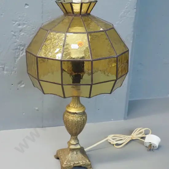 retro cast brass table lamp with amber glass leadlight shade H-520 Shade D-300
