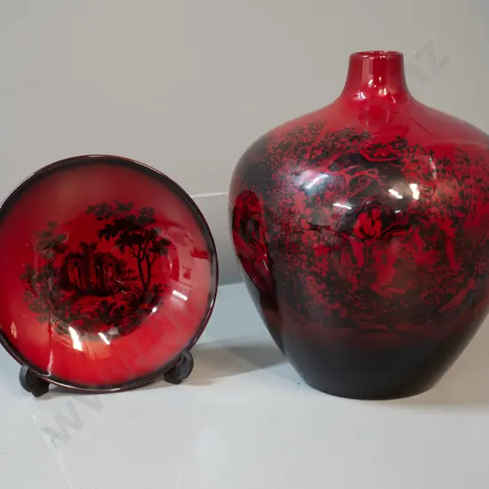 2 pieces of Royal Doulton flambe pattern - vase w/ hunting scenes H230 D190 and small dish w/castle scene. Dish has some