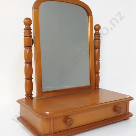 kauri cheval dressing table mirror with drawer, turned support posts H-660 W-565 D-300