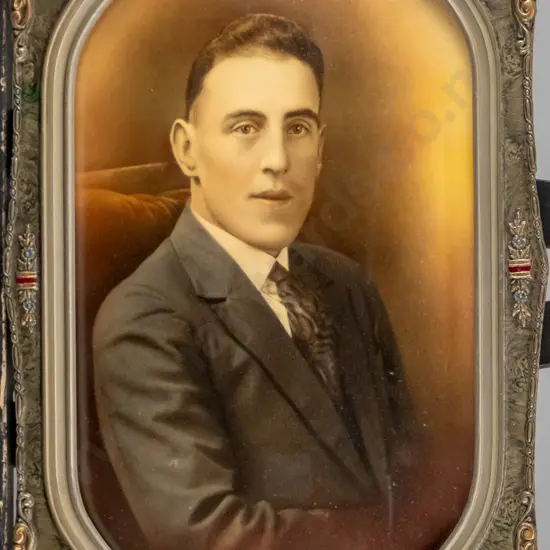 framed convex glass  hand coloured photograph - male portrait H-450 W-250