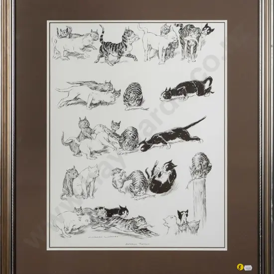 framed Norman Lindsay print "Defence Tactics"  H-490 W-380 (water stain to one corner)