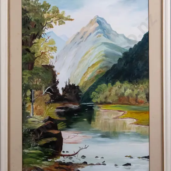 R Brown 1962 - framed oil - lake and river scene H-540 W-360 (slight foxing to mat)