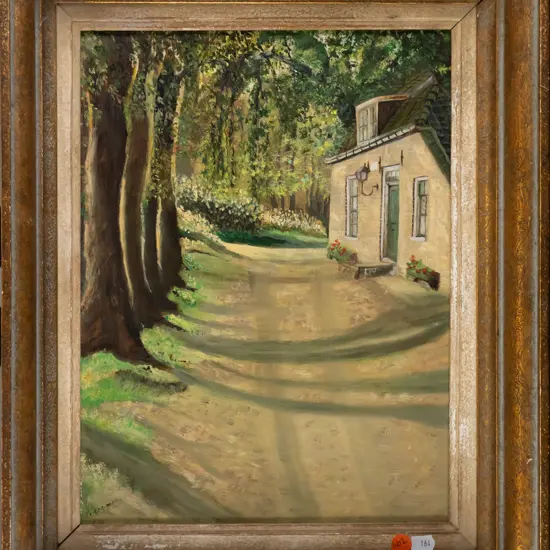 framed oil - trees and cottage H-340 W-250