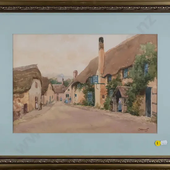 framed watercolour - village street scene H-245 W-360