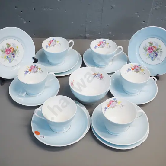 part Shelley floral tea set - 6 trios and a sugar bowl, no jug