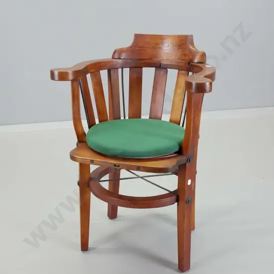 vintage solid timber child's tub chair with unusual braced frame, with loose seat cushion H-750 W-530 D-420
