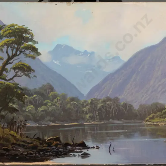 KJ Toomer - oil on board - lake and mountain scene H-295 W-480