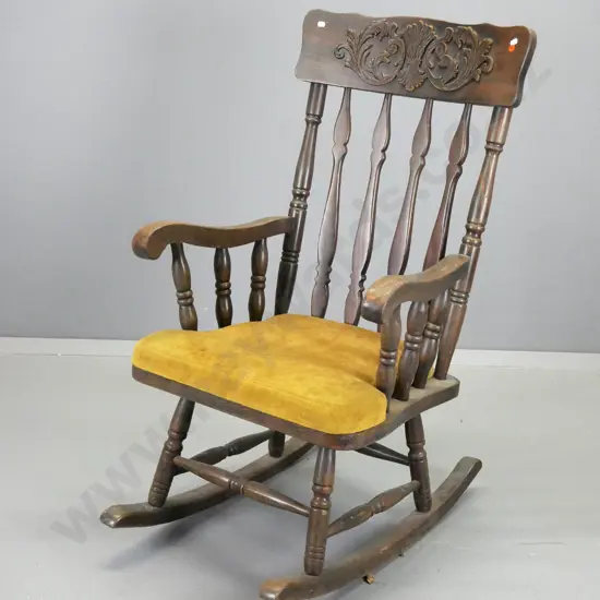 vintage American style timber rocking chair with splat back, carved top rail, velvet upholstered seat - polish needs a