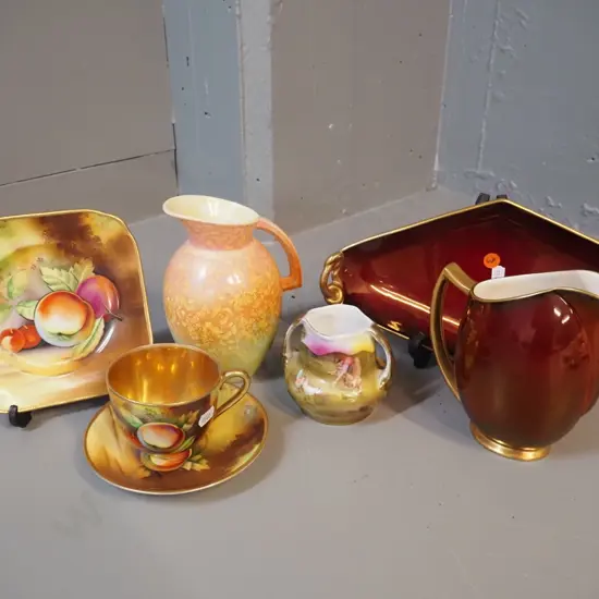 assorted vintage china - Bayreuth small handled vase, Carlton Ware rouge royale dish and jug, English mottled glaze jug,