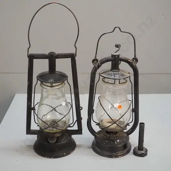 2 vintage kerosene lanterns - Dietz Made in USA, Feuerhand Made in Germany, may be missing parts.