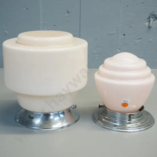 two deco pink glass light shades w/ chrome journal, tallest H - 210