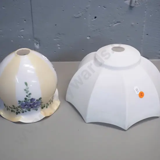 2 vintage glass light shades - octagonal milk glass and a small floral and stripe hand painted H-150 D-140