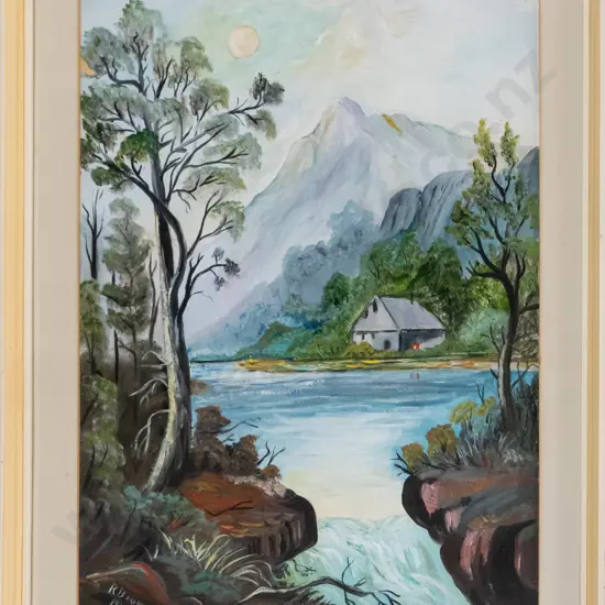 R Brown 1965 - framed oil - lake and mountain scene H-340 W-250