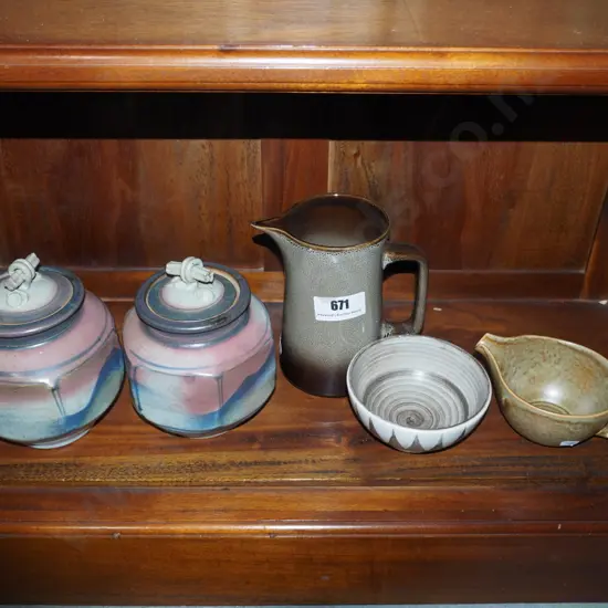5x studio pottery items; Hanmer Pottery bowl, Temuka jug, Te Rona jug H-180, 2x lidded canisters
