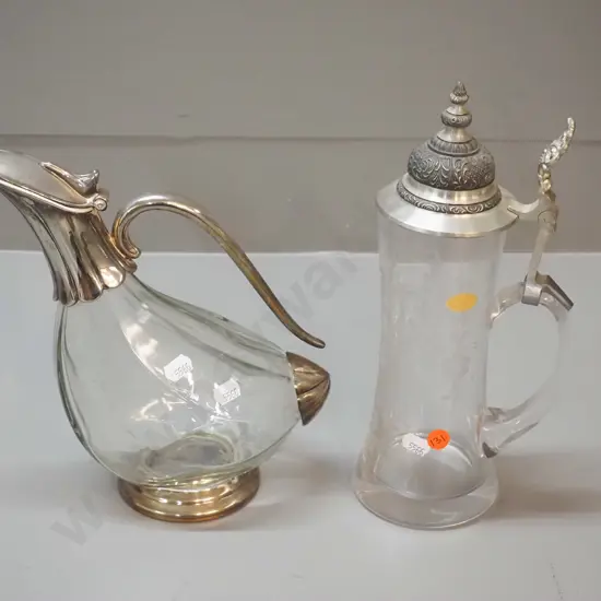 Rein Zinn German etched crystal beer stein H-280 with pewter handle and lid and glass claret jug with plated handle