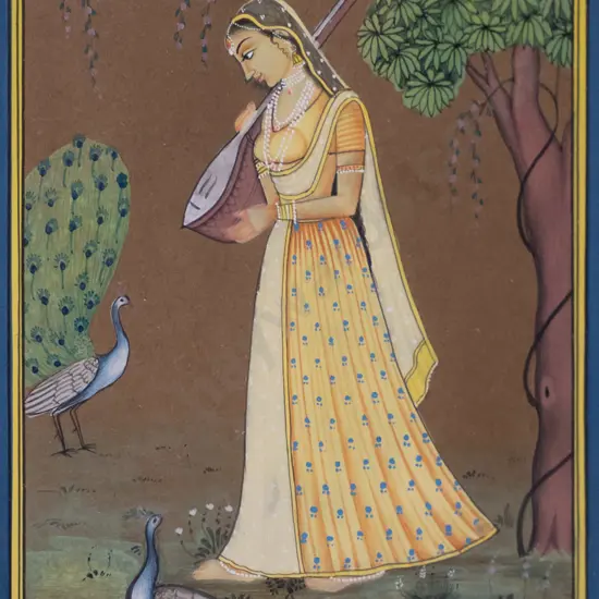 framed watercolour - woman with peacocks H-120 W-80