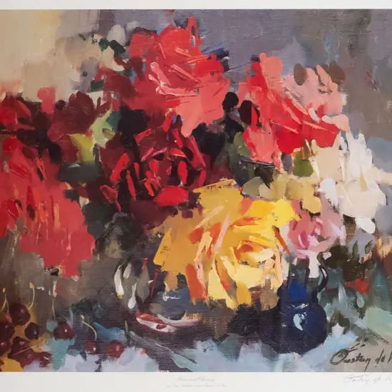 framed and signed Gaston De Vel ltd edition print 76/300 "Roses and Cherries" H-440 W-540 9slight marking to mat)