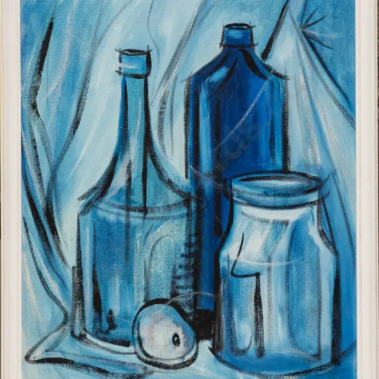 MH - framed oil - blue still life H-450 W-370