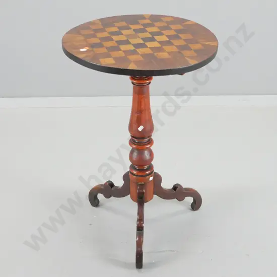 vintage tilt-top chess table with 3-footed pedestal base - tilt mechanism missing, top sits loose, some lifting to chess