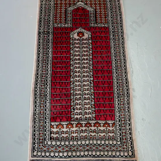 hand knotted woollen prayer rug, red ground with multiple geometric borders,  L-1040 W-490