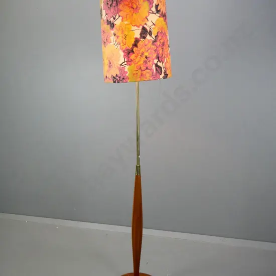 mid-century mahogany and brass based standard lamp with floral shade - some scratches to polish, discolouring to brass